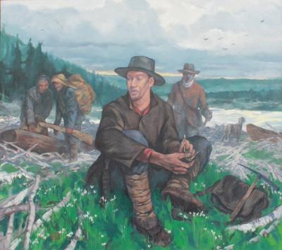 A painting showing John Robert Giscome, Henry McDame, and their two Lheidli T’enneh guides traveling up the Peace River in B.C. (Huble Homestead/Giscome Portage Heritage Society via X.)